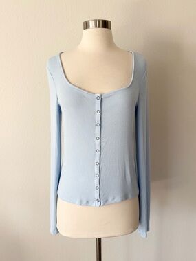 Maeve Button-Through Ribbed Modal Top Blue Medium M